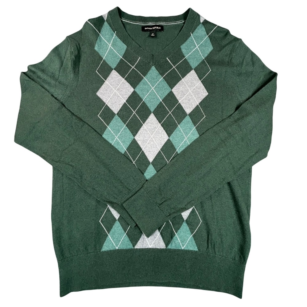 Banana Republic Silk‎ Cashmere Blend Sweater Mens M Green V Neck Argyle Comfort